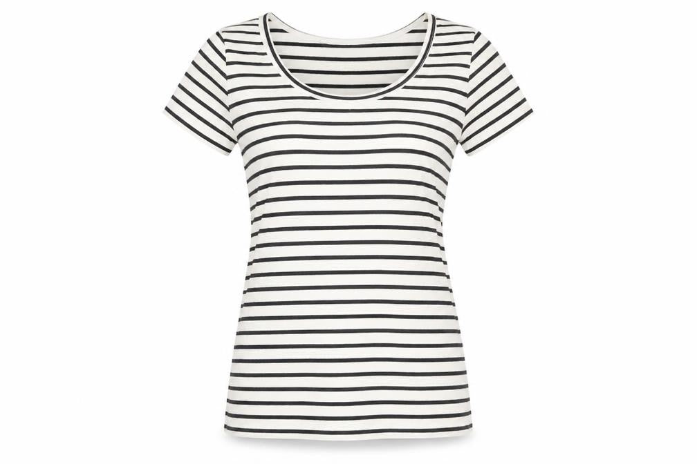 Front view of Vero Moda women’s white striped cotton basic t-shirt, size S, round neck