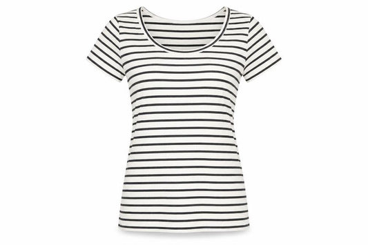 Front view of Vero Moda women’s white striped cotton basic t-shirt, size S, round neck