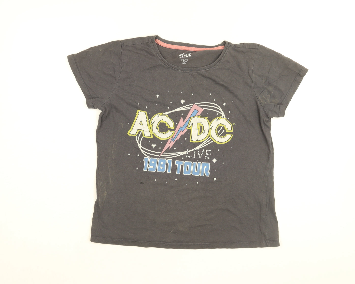 acdc Womens Grey Cotton Basic T-Shirt Size M Round Neck - 1981 Tour