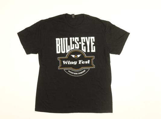 Front view of Gildan men’s black cotton t-shirt, size L, round neck - bulls eye, wing fest