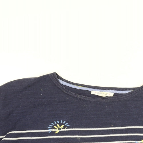 White Stuff Womens Blue Striped Cotton Basic T-Shirt Size 14 Round Neck - Floral Embroidery