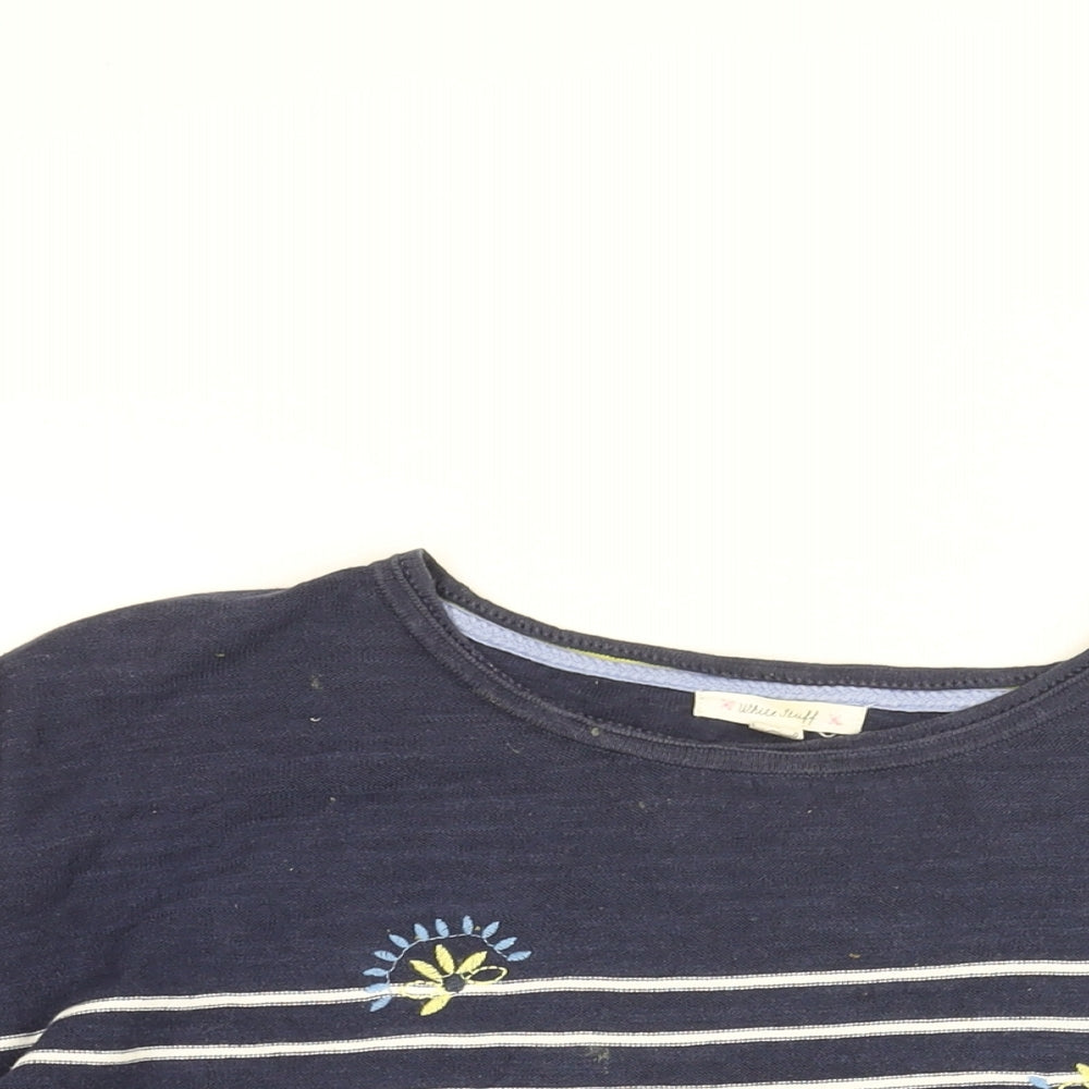 White Stuff Womens Blue Striped Cotton Basic T-Shirt Size 14 Round Neck - Floral Embroidery