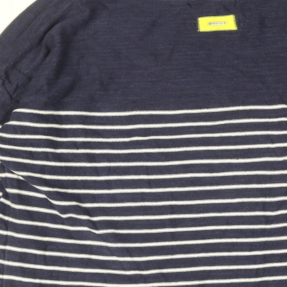 White Stuff Womens Blue Striped Cotton Basic T-Shirt Size 14 Round Neck - Floral Embroidery