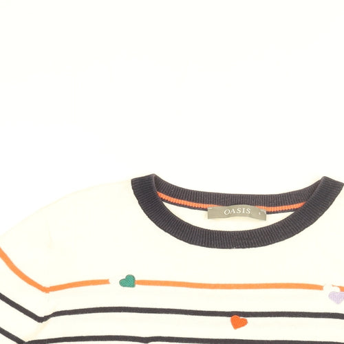 Oasis Womens White Round Neck Striped Cotton Pullover Jumper Size S - Heart Pattern