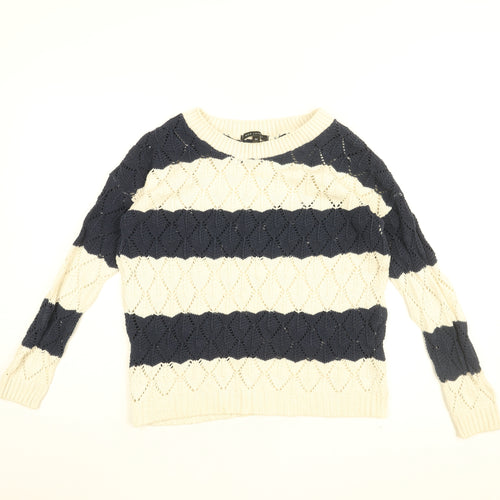 QED London Womens White Round Neck Striped Cotton Pullover Jumper Size M