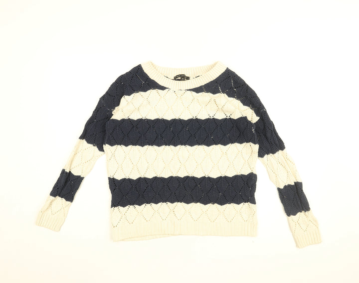 QED London Womens White Round Neck Striped Cotton Pullover Jumper Size M