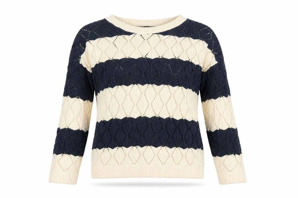 Front view of QED London women’s white round neck striped cotton jumper, size M