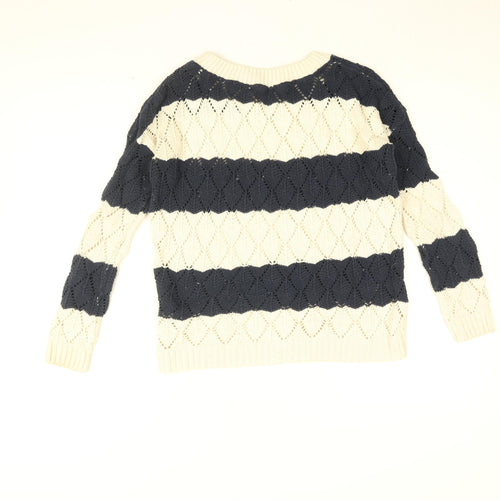 QED London Womens White Round Neck Striped Cotton Pullover Jumper Size M