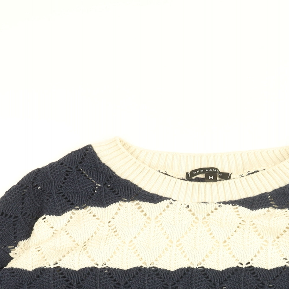 QED London Womens White Round Neck Striped Cotton Pullover Jumper Size M