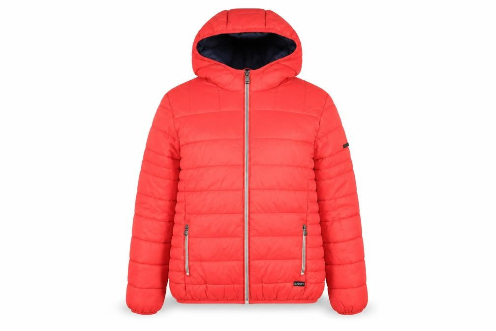 Front view of CARS women’s red puffer jacket coat, size UK 16, zip