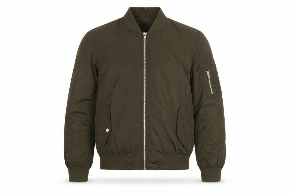 Front view of SoulStar men’s green bomber jacket jacket, size S, zip