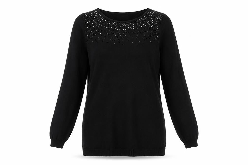 Front view of NOOM women’s black round neck cotton jumper, size S