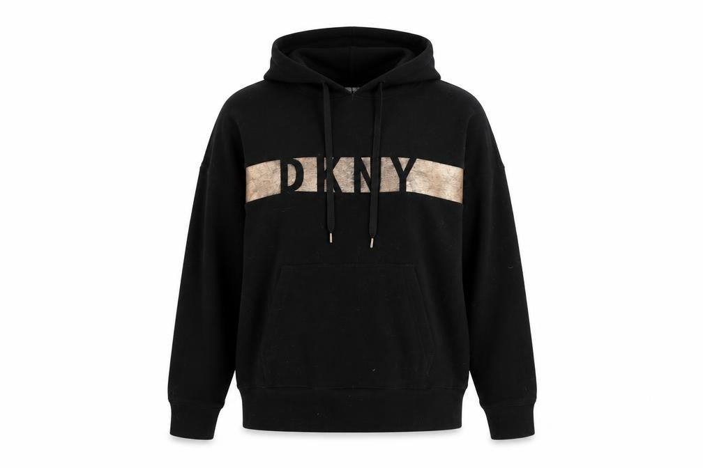 Front view of DKNY Black Pullover Hoodie, M, Cotton Blend, Logo Style