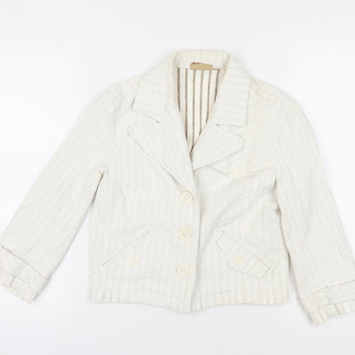 White Striped Jacket with Button Accents, Size 8