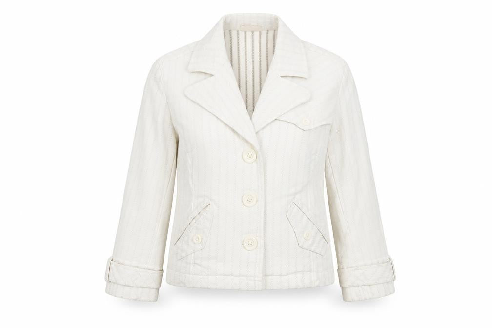 Front view of White Striped Jacket with Button Accents, size 8