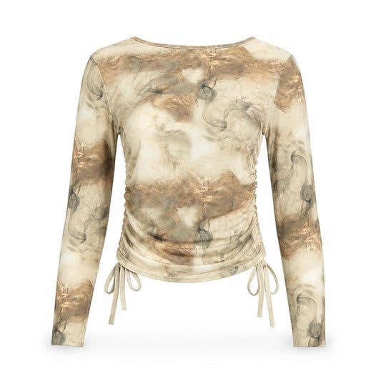 Front view of PRETTYLITTLETHING women’s beige geometric polyester basic t-shirt, size UK 6, round neck