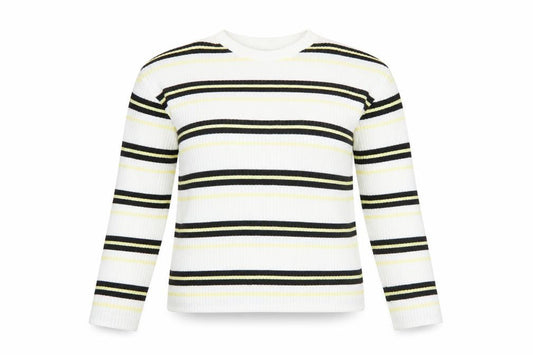 Front view of H&M women’s white striped polyester basic t-shirt, size S, round neck