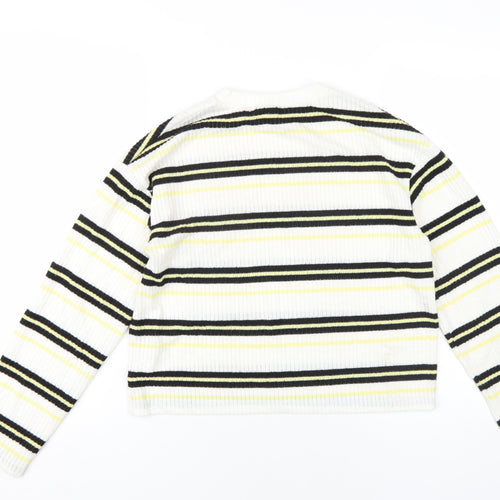 H&M Womens White Striped Polyester Basic T-Shirt Size S Round Neck