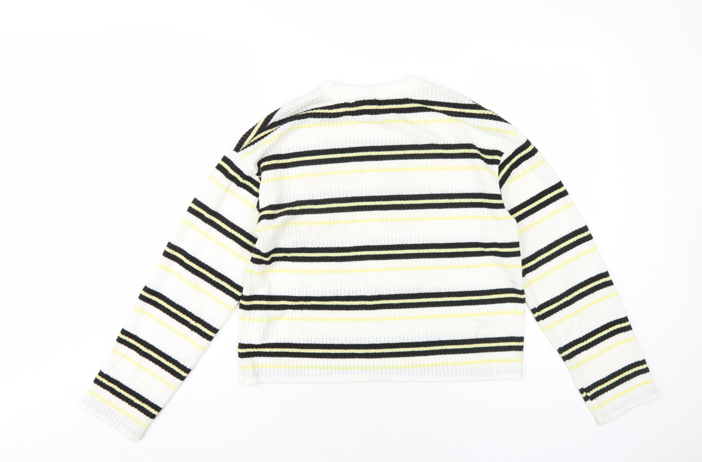 H&M Womens White Striped Polyester Basic T-Shirt Size S Round Neck