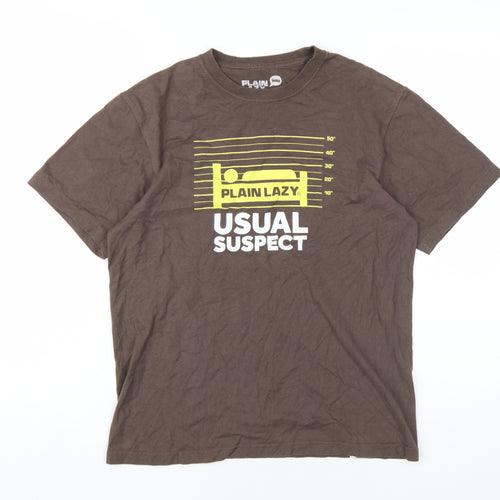 Plain Lazy Mens Brown Cotton T-Shirt Size S Round Neck