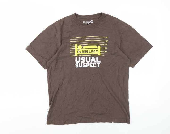 Plain Lazy Mens Brown Cotton T-Shirt Size S Round Neck
