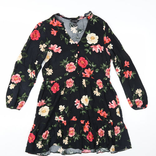 New Look Womens Black Floral Viscose A-Line Size 8 V-Neck Pullover
