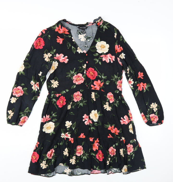 New Look Womens Black Floral Viscose A-Line Size 8 V-Neck Pullover