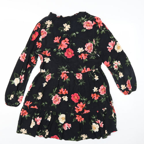 New Look Womens Black Floral Viscose A-Line Size 8 V-Neck Pullover