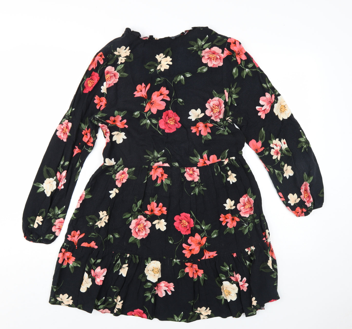 New Look Womens Black Floral Viscose A-Line Size 8 V-Neck Pullover