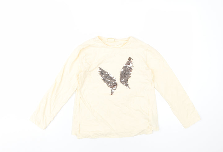 Zara Girls Ivory Cotton Basic T-Shirt Size 9-10 Years Round Neck Pullover - Reversible Sequins