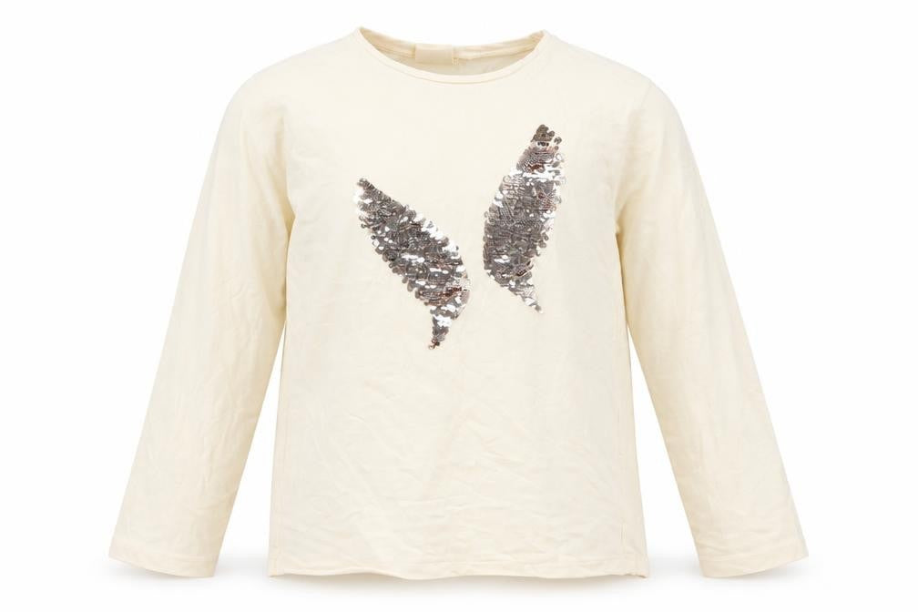 Front view of Zara girls’ ivory cotton basic t-shirt, size 9-10, years round neck pullover - reversible sequins