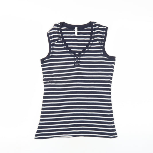 Marks and Spencer Womens Blue Striped Cotton Basic Tank Size 8 V-Neck