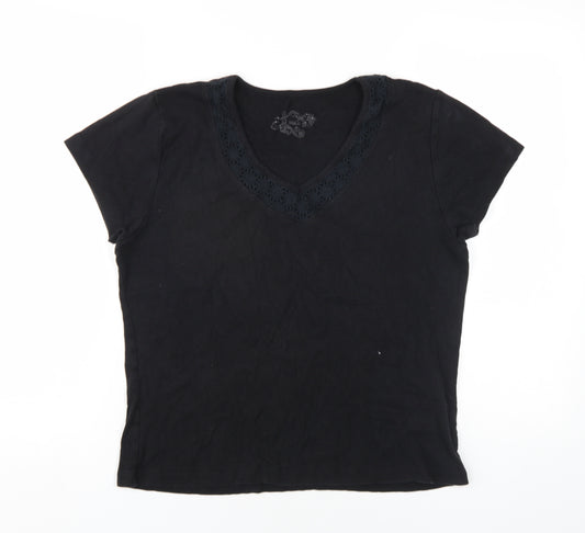 M&Co Womens Black Cotton Basic T-Shirt Size XL V-Neck