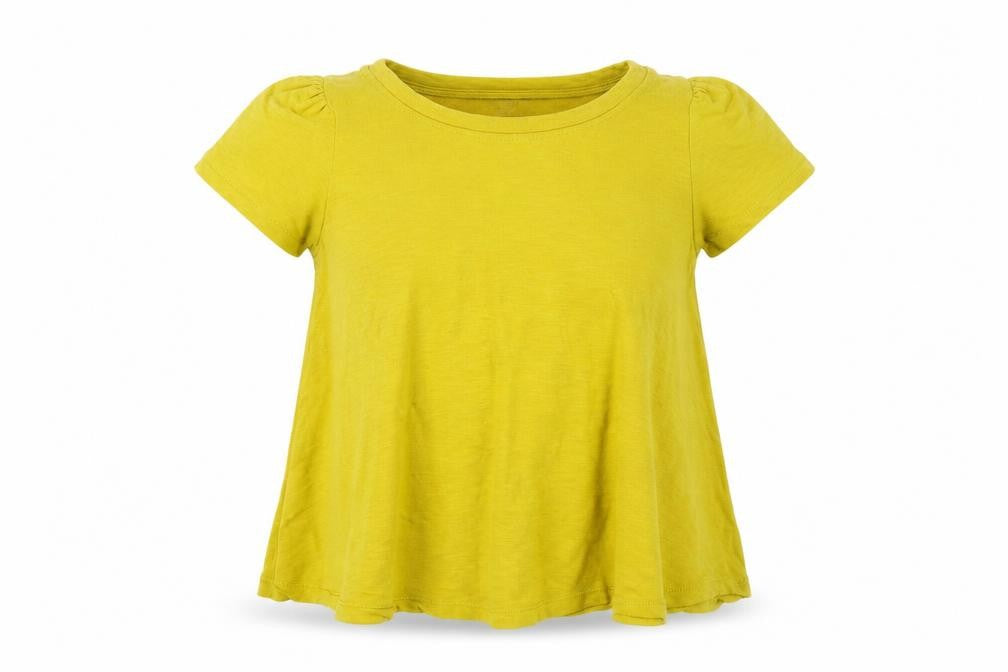 Front view of Eri + Ali women’s yellow cotton basic t-shirt, size XS, round neck