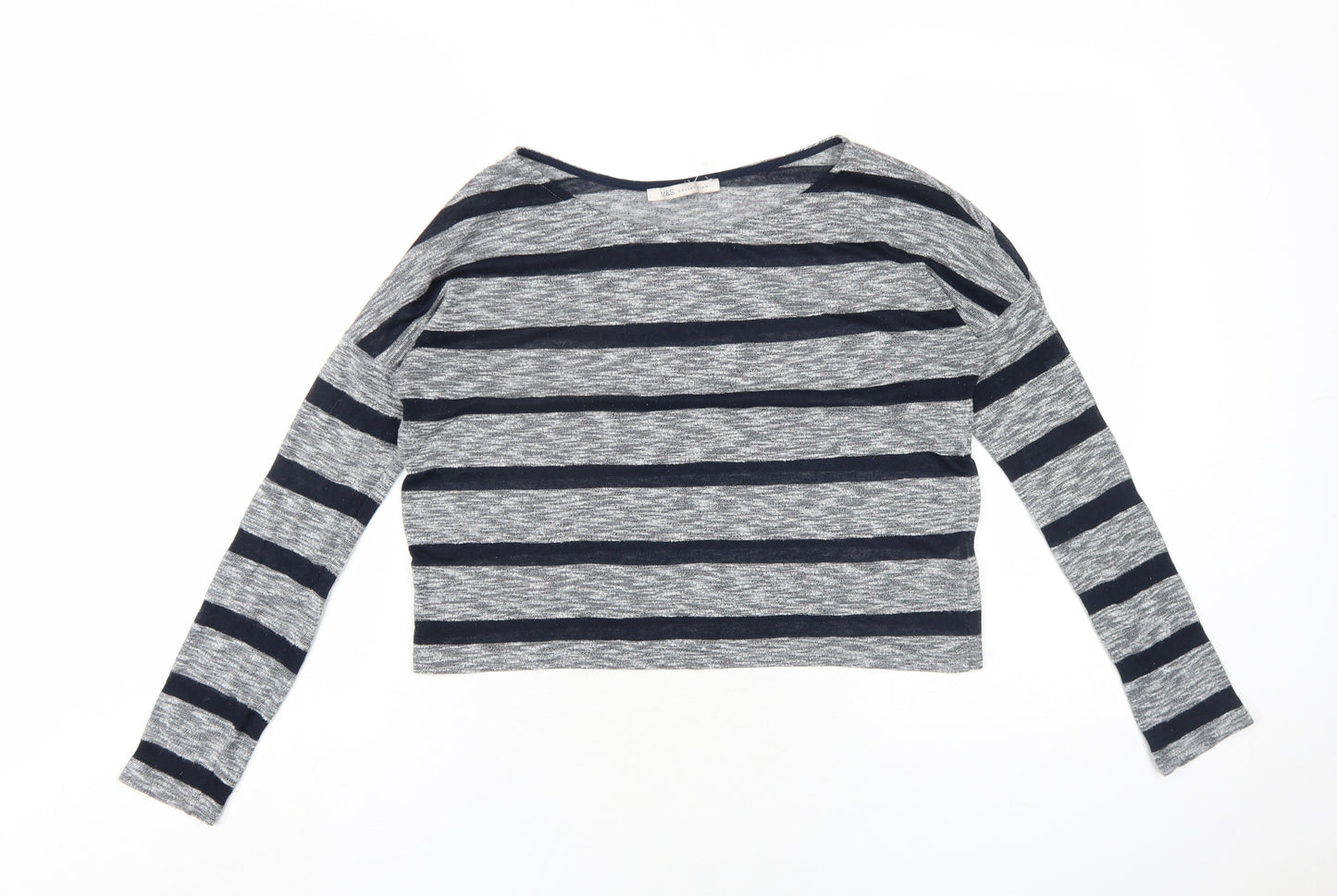 Marks and Spencer Womens Grey Striped Viscose Basic T-Shirt Size 10 Round Neck