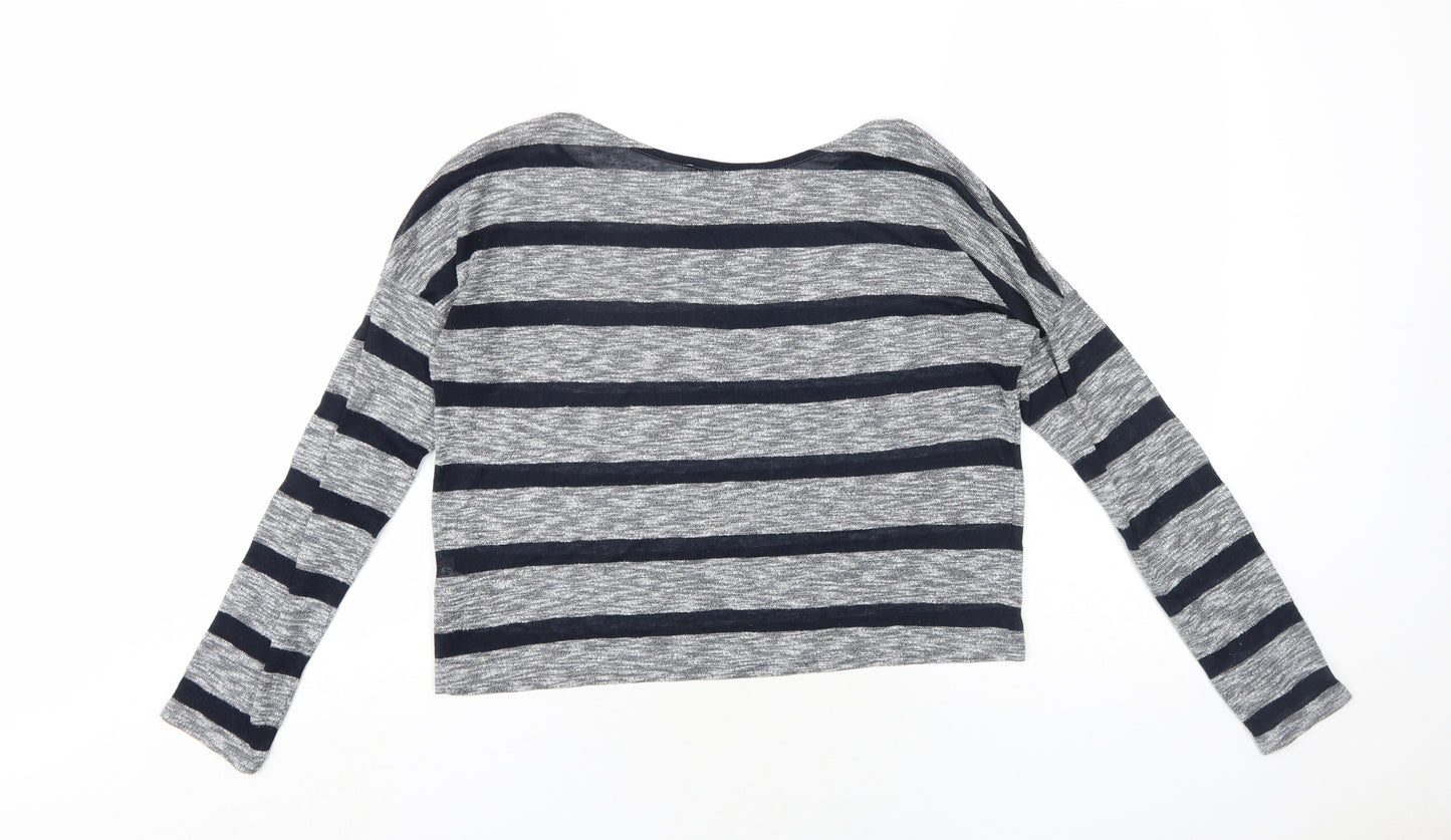 Marks and Spencer Womens Grey Striped Viscose Basic T-Shirt Size 10 Round Neck