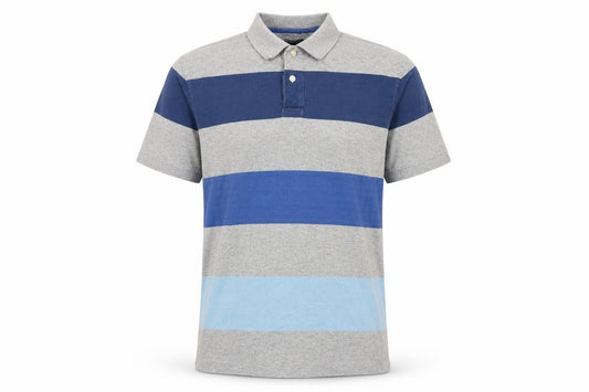 Front view of Howick men’s blue striped cotton button-up, size L, collared button