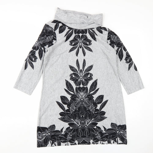 M&Co Womens Grey Floral Polyester A-Line Size 12 Roll Neck Pullover