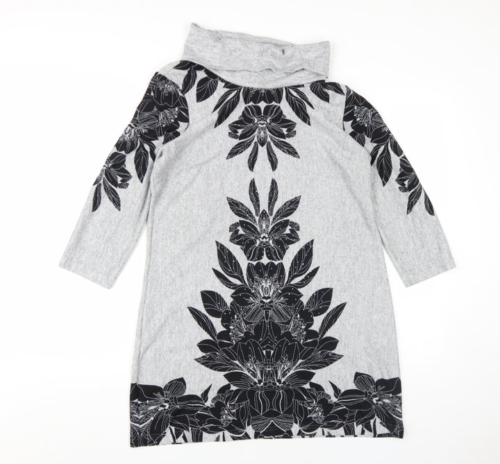 M&Co Womens Grey Floral Polyester A-Line Size 12 Roll Neck Pullover