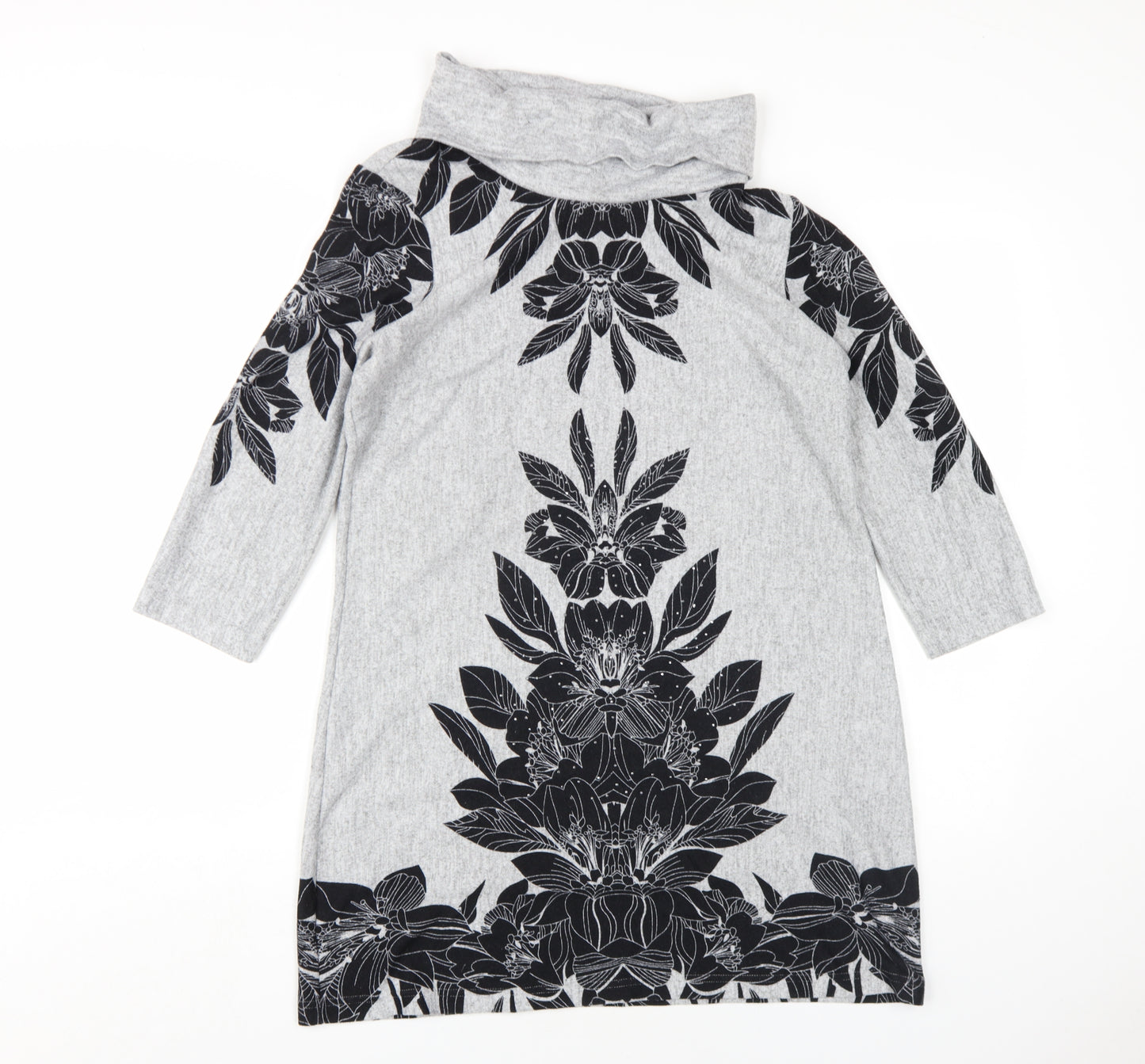 M&Co Womens Grey Floral Polyester A-Line Size 12 Roll Neck Pullover