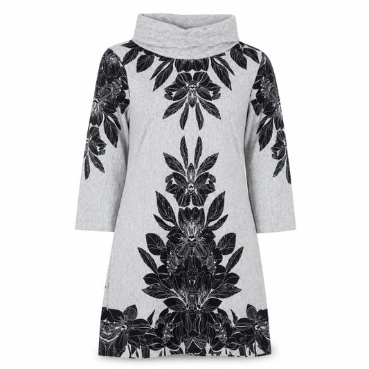 Front view of M&Co women’s grey floral polyester a-line, size UK 12, roll neck pullover
