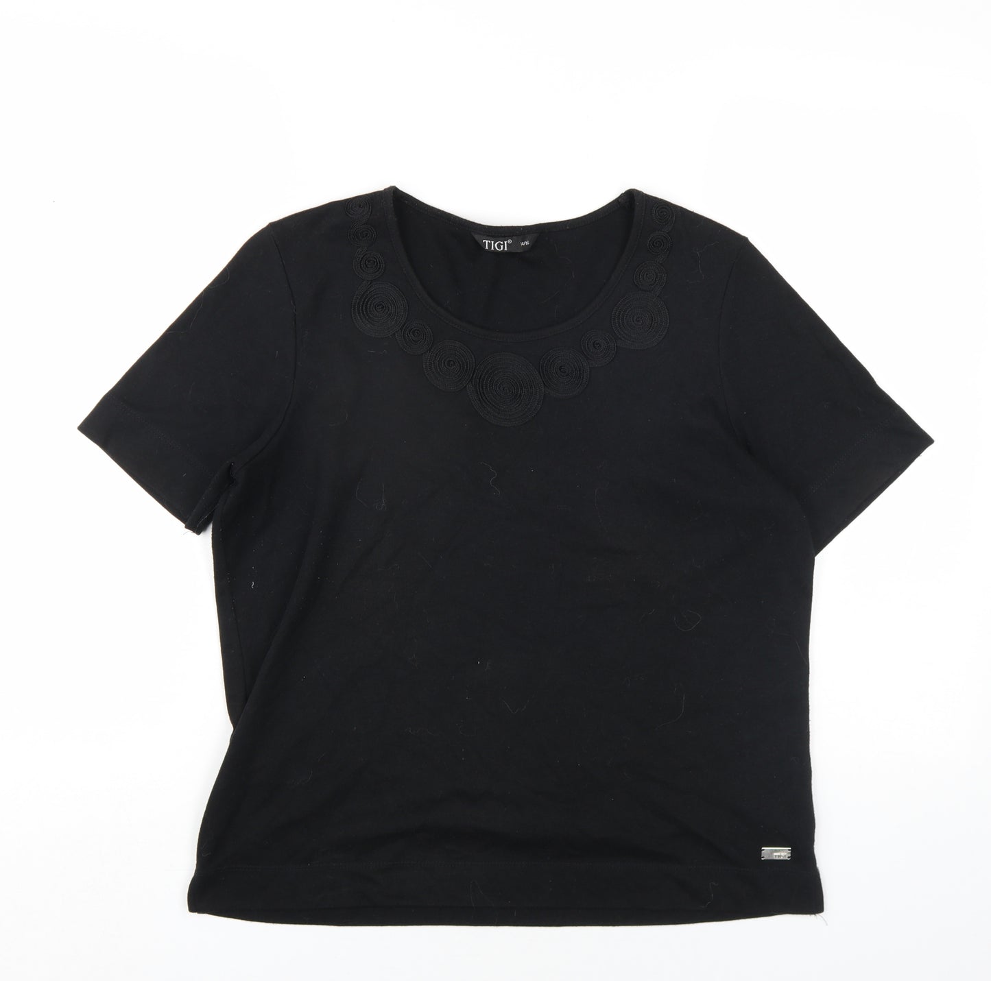 TIGI Womens Black Polyester Basic T-Shirt Size 14 Round Neck