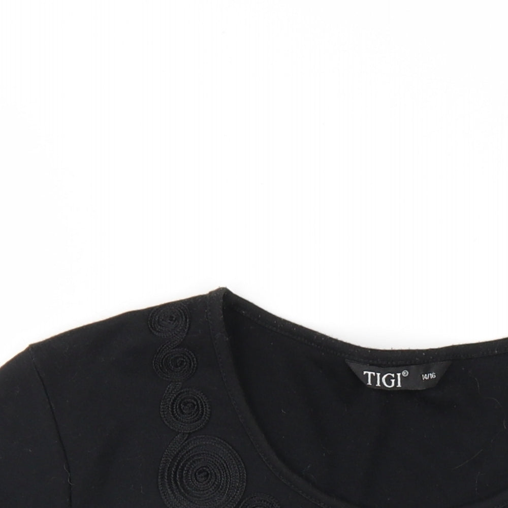 TIGI Womens Black Polyester Basic T-Shirt Size 14 Round Neck