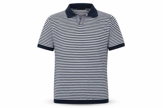 Front view of Country Road men’s blue striped cotton polo, size L, collared pullover