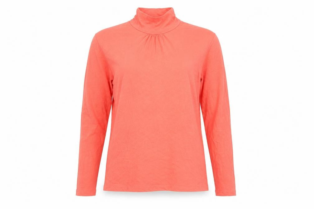 Front view of Atlas women’s orange cotton basic t-shirt, size UK 12, mock neck