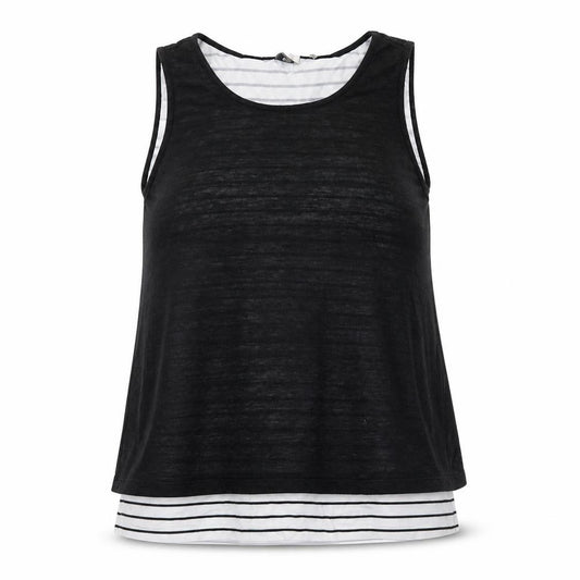 Front view of ecru women’s black striped polyester basic tank, size L, round neck