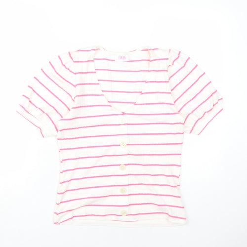Saviour Womens White Striped Cotton Basic T-Shirt Size L V-Neck