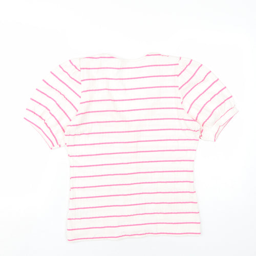 Saviour Womens White Striped Cotton Basic T-Shirt Size L V-Neck