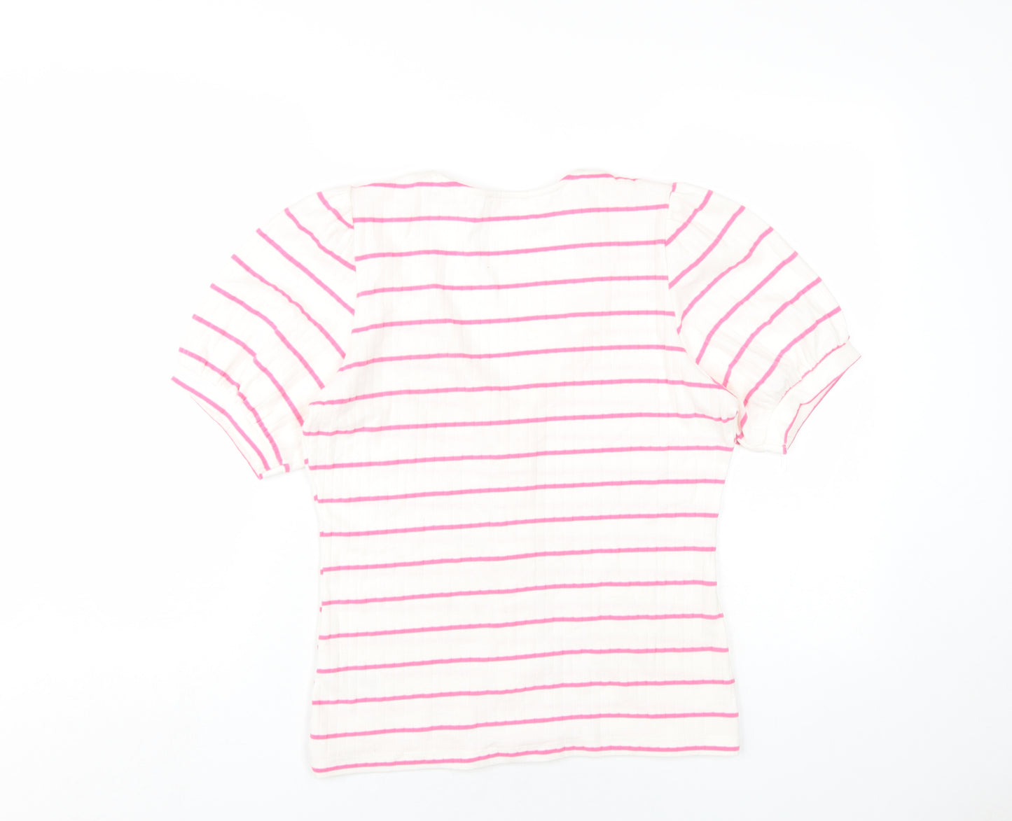 Saviour Womens White Striped Cotton Basic T-Shirt Size L V-Neck