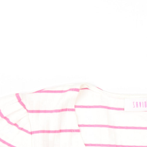 Saviour Womens White Striped Cotton Basic T-Shirt Size L V-Neck